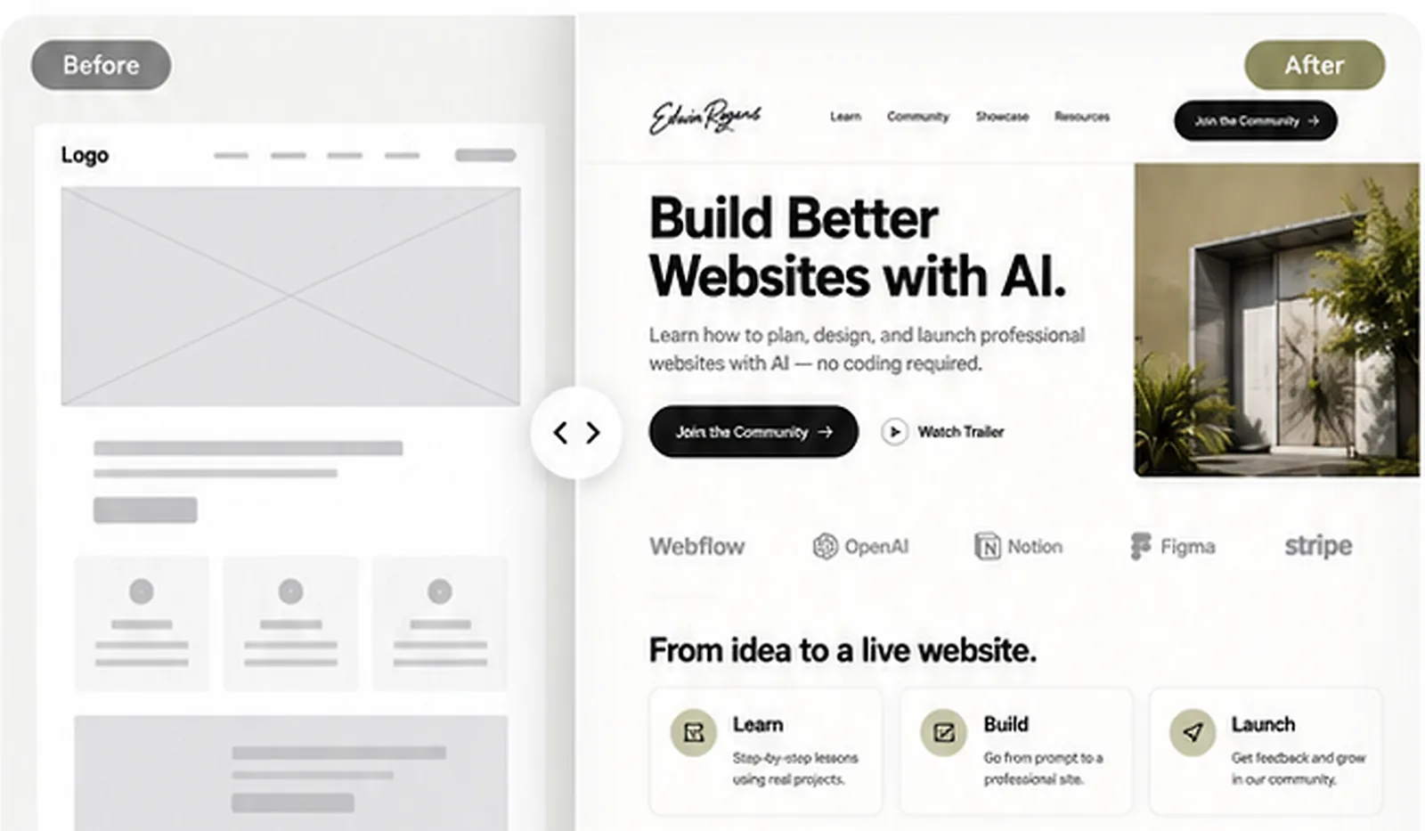 A wireframe before, and the finished website after