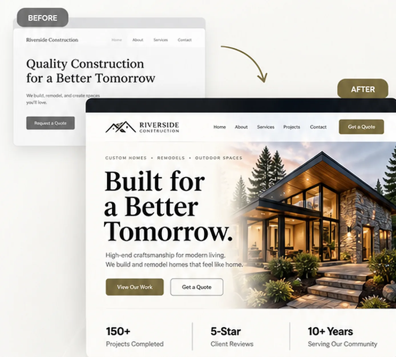 A plain contractor homepage before, and the redesigned homepage after