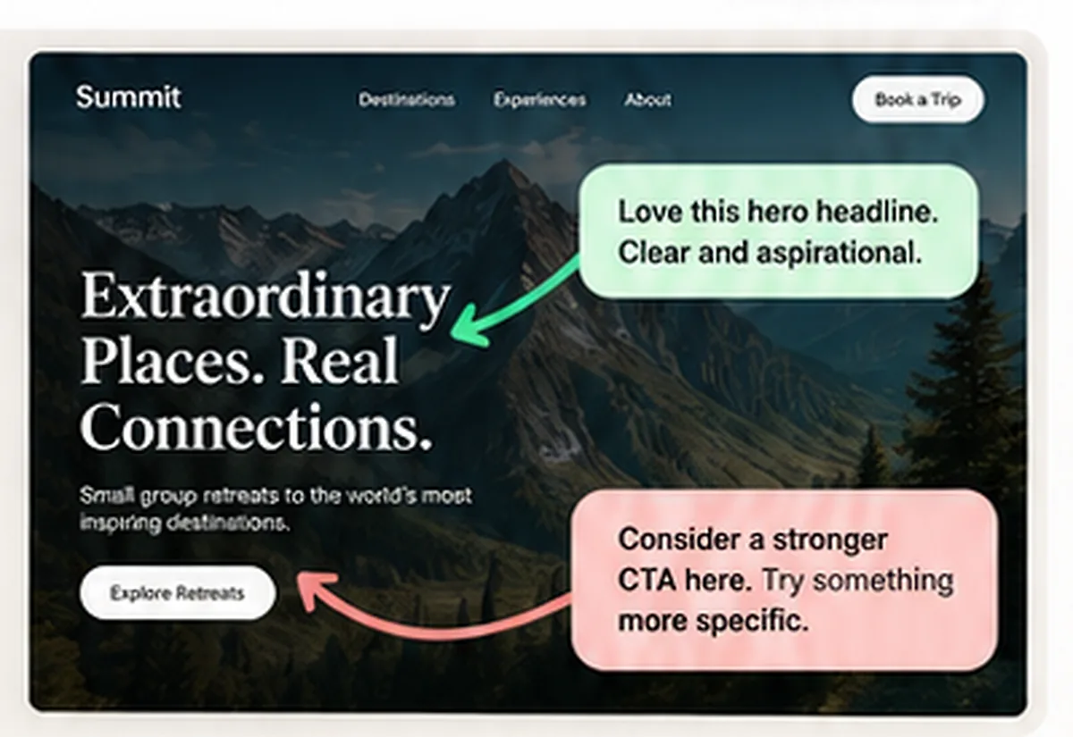 A website with Edwin's critique notes on it